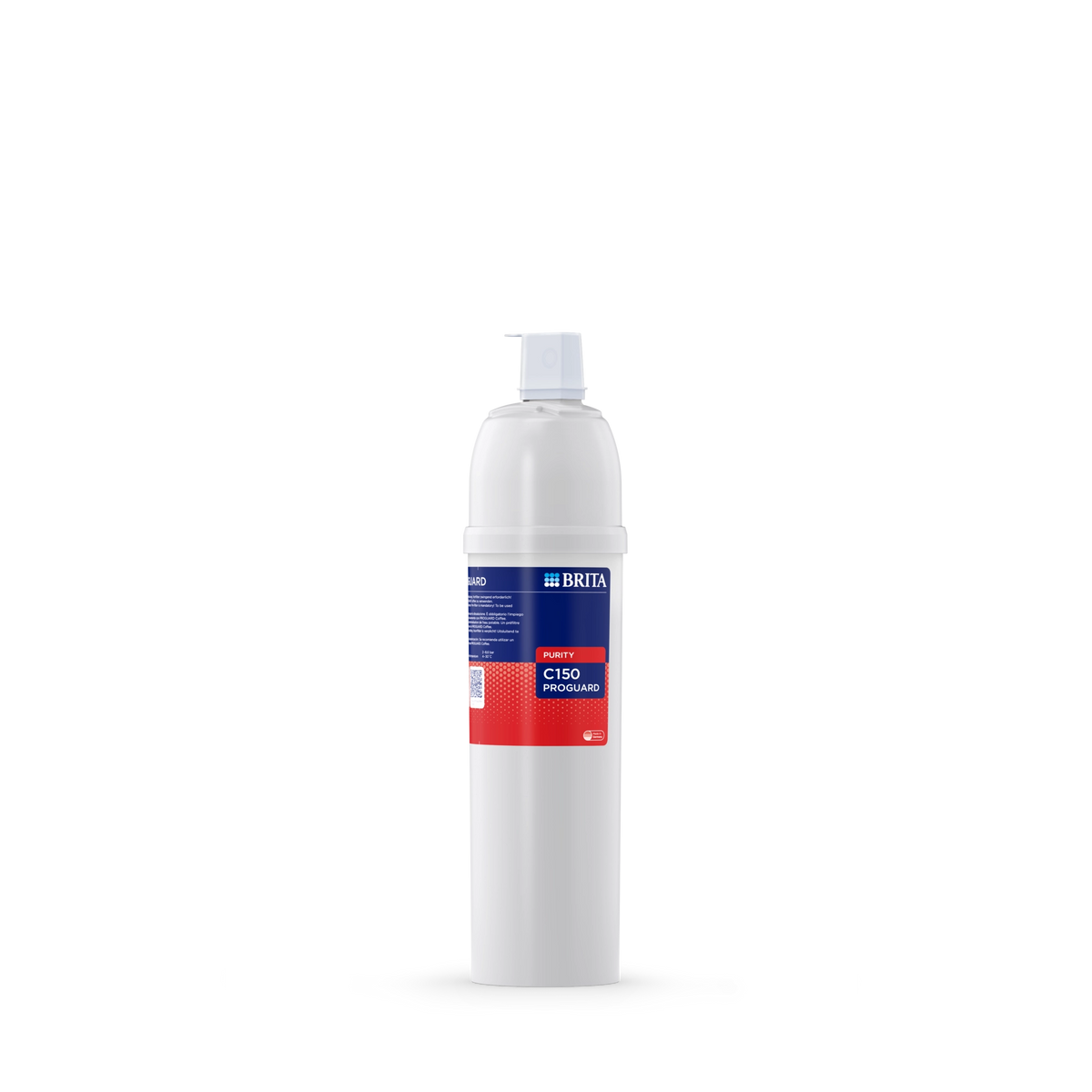 Vista frontal del filtro BRITA PURITY C150 PROGUARD con carcasa blanca y etiqueta azul y roja