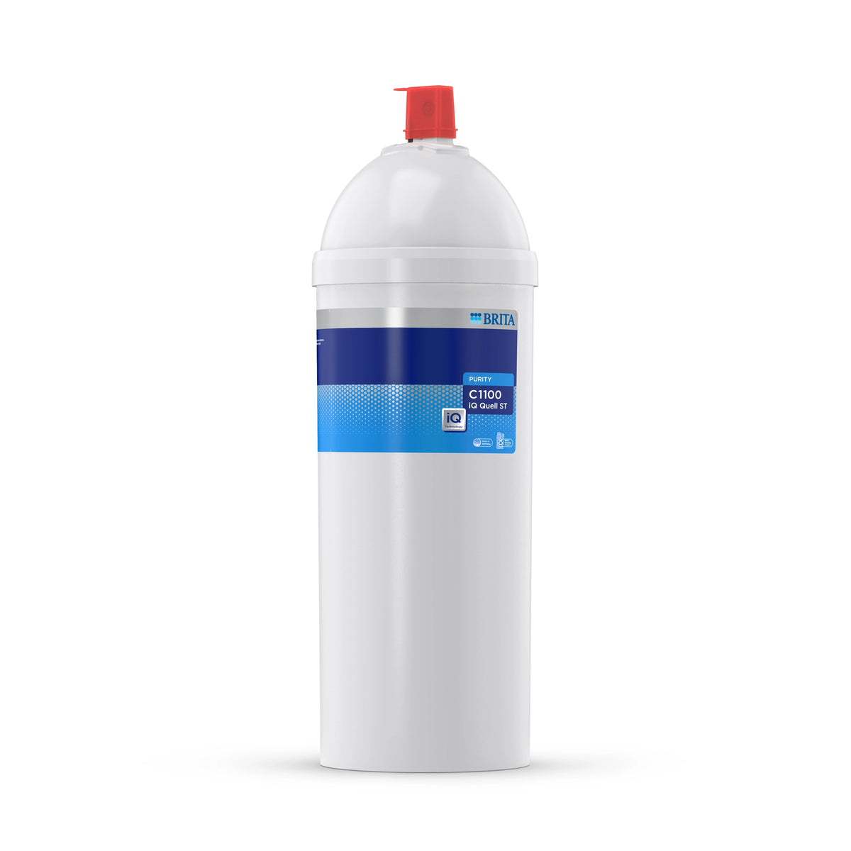 Filtro de agua BRITA PURITY C1100 iQ Quell ST sobre un fondo blanco.