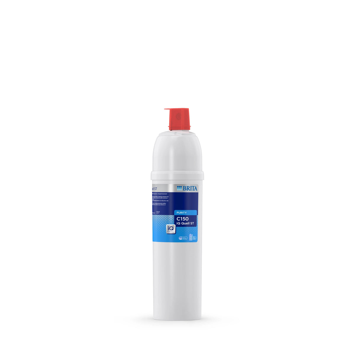 Filtro de agua BRITA PURITY C150 iQ Quell ST sobre un fondo blanco.