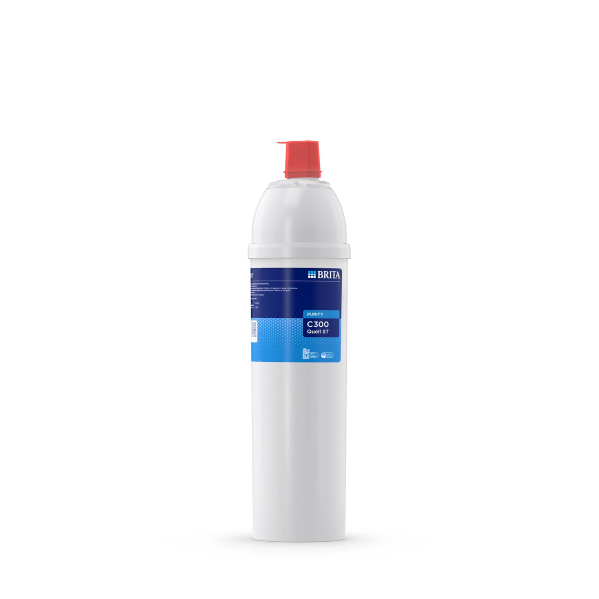 Filtro de agua BRITA PURITY C300 Quell ST sobre un fondo blanco