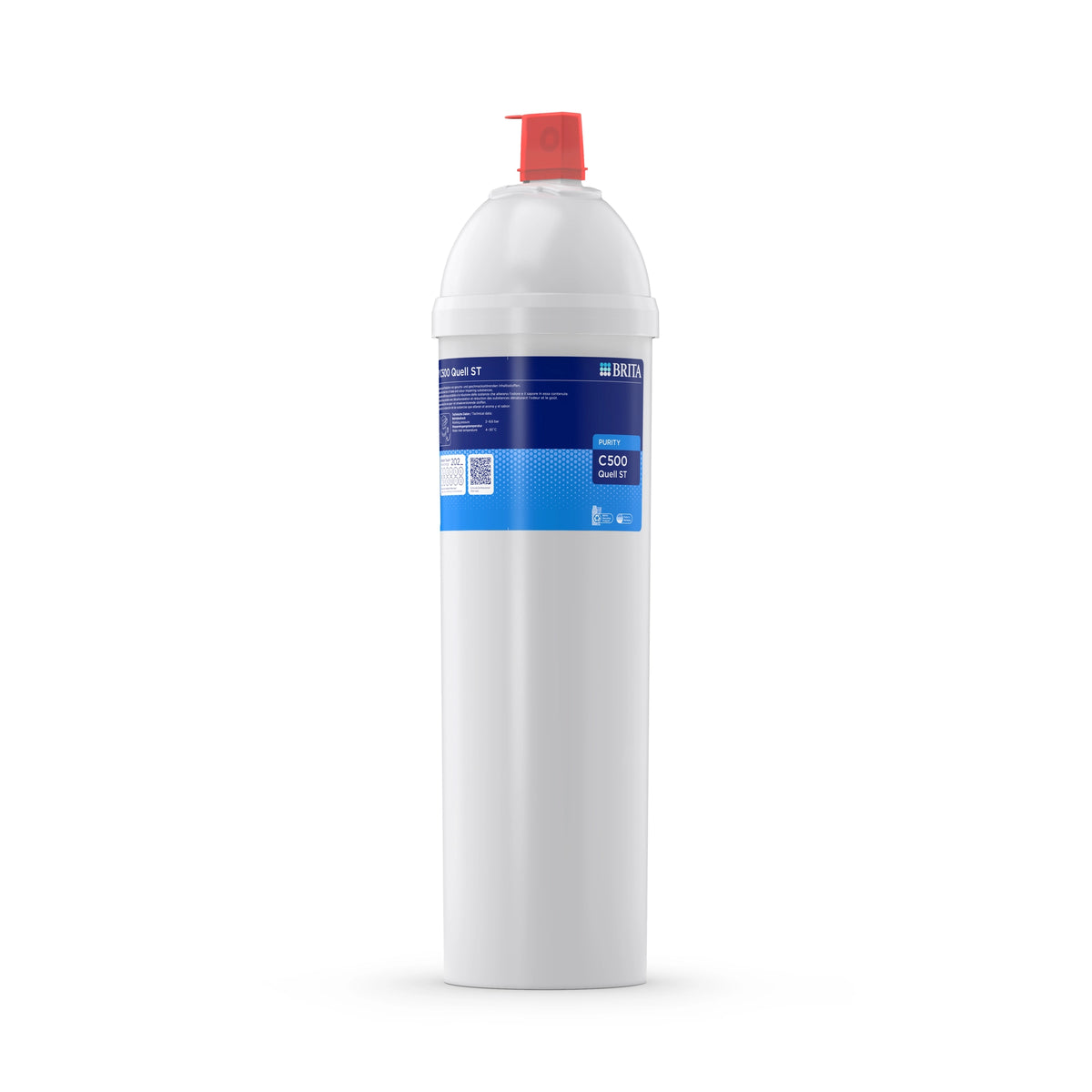 Filtro de agua BRITA PURITY C500 Quell ST sobre un fondo blanco
