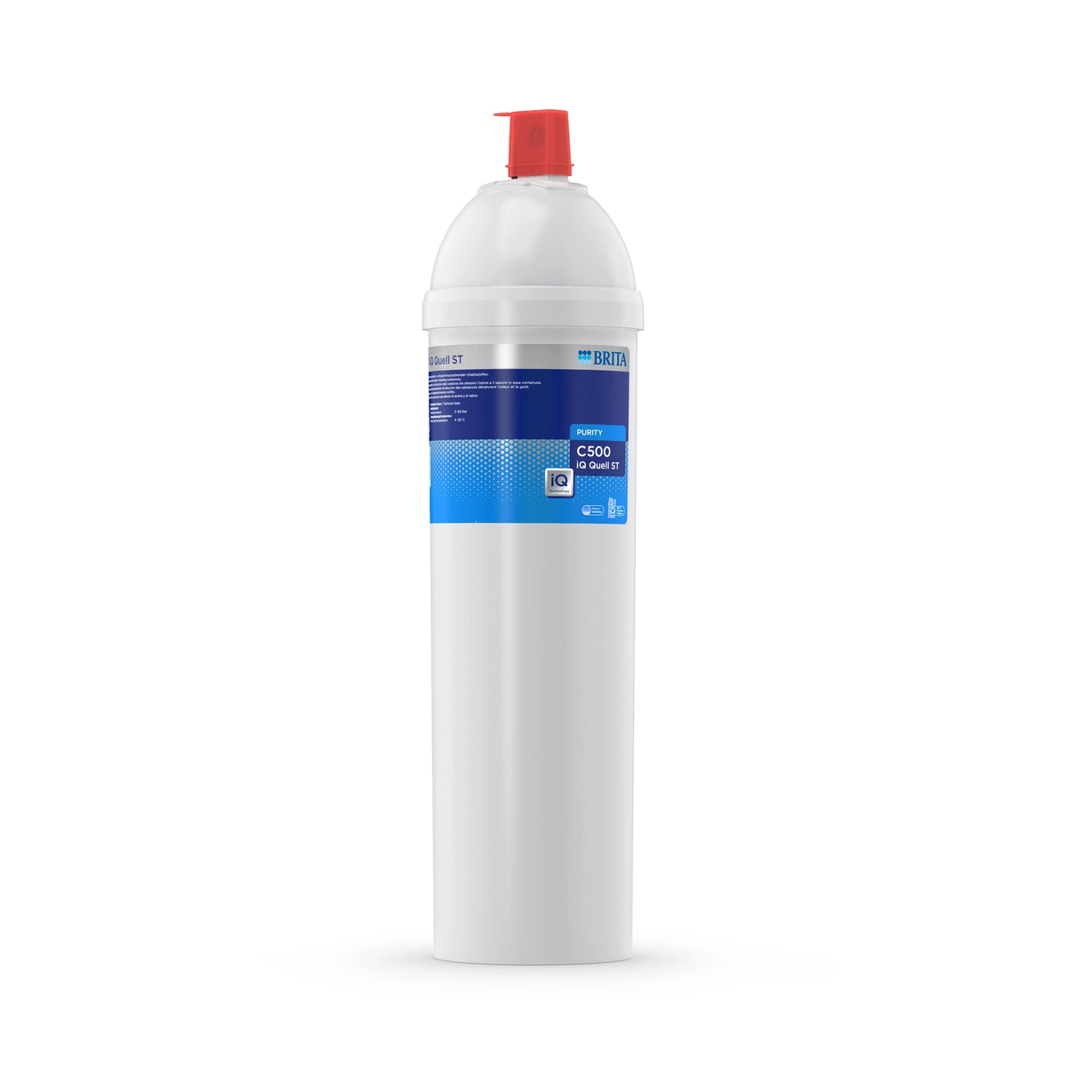 Filtro de agua BRITA PURITY C500 iQ Quell ST sobre un fondo blanco.