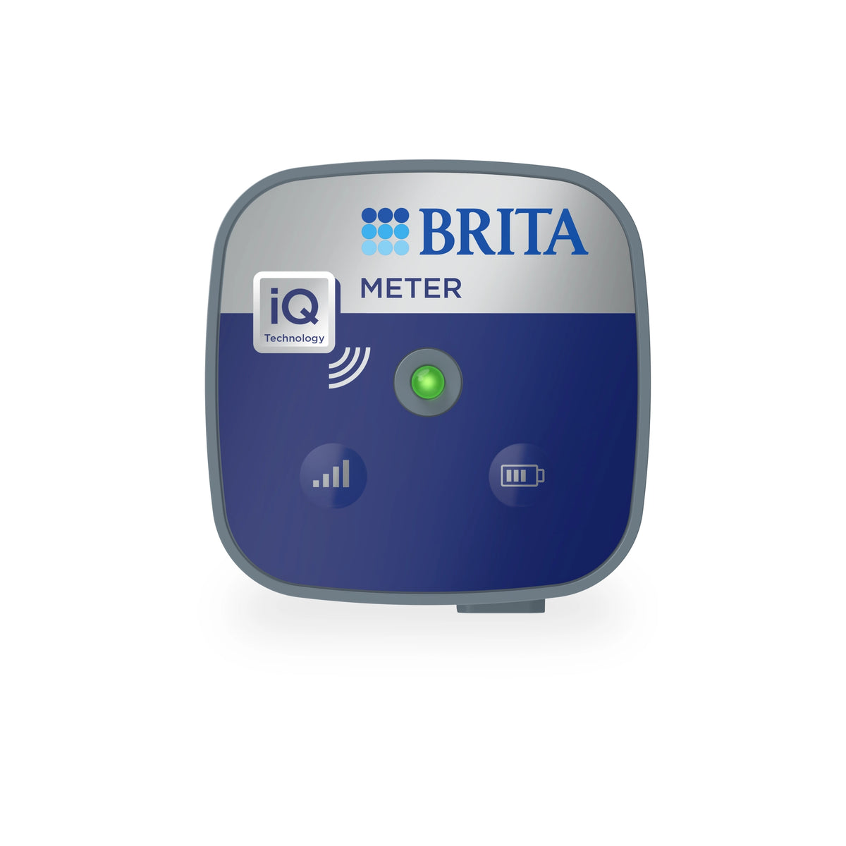 Unidad de comunicación BRITA iQ Meter con panel frontal azul e indicador LED para sistemas profesionales de filtración de agua.