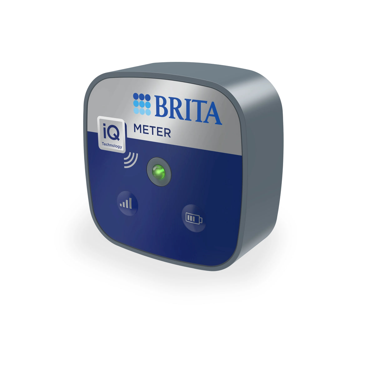 Unidad de comunicación BRITA iQ Meter con panel frontal azul e indicador LED para sistemas profesionales de filtración de agua.